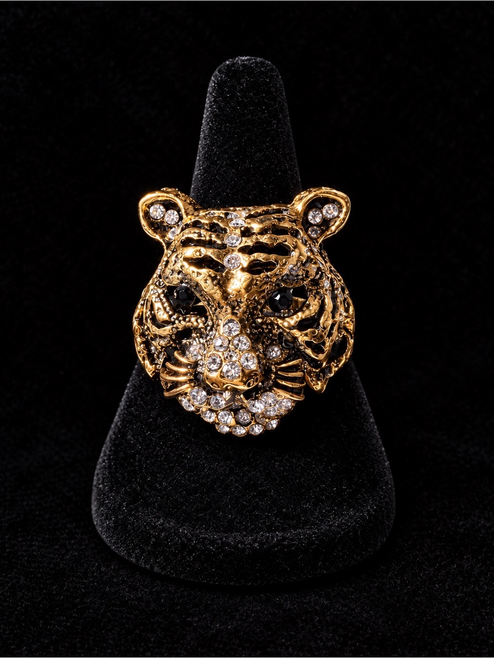 Gold Tiger Head Ring with Moveable Jaw and Rhinestones Size 10
